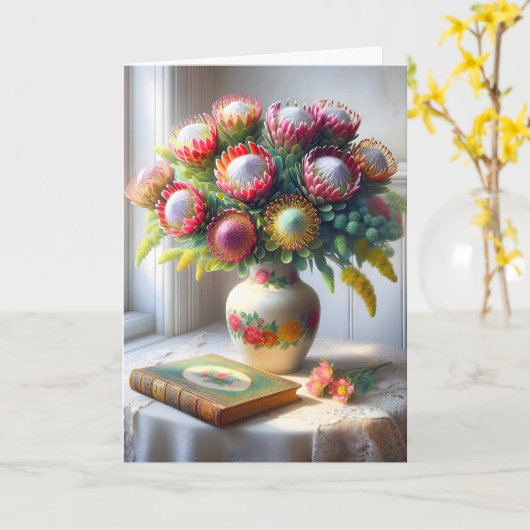 誕生日ヴィンテージピンクシオンプロテアブーケ カード (黄色い花)