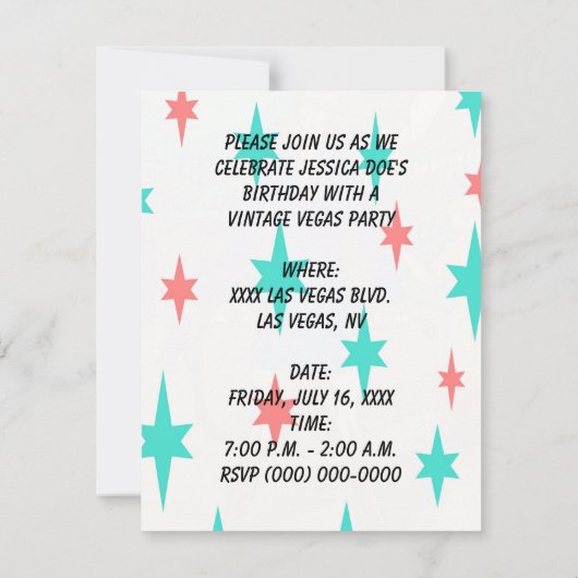 誕生日ヴィンテージラスベガススタイルパーティの招待状 招待状 (裏面)