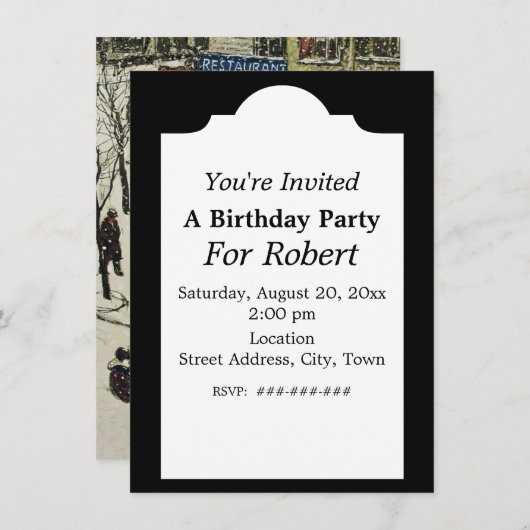 誕生日ヴィンテージ冬通りシーンアンティーク車 招待状 (正面/裏面)