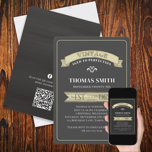 誕生日ヴィンテージ金ゴールドバシンプルナーサインQRコード 招待状