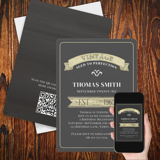 誕生日ヴィンテージ金ゴールドバシンプルナーサインQRコード 招待状