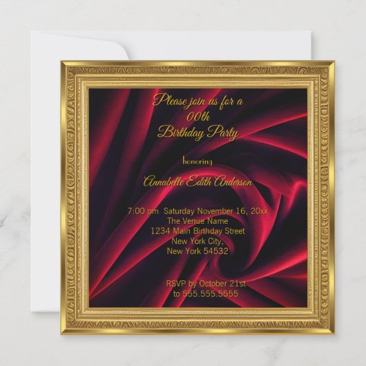 誕生日ヴィンテージ金ゴールドフレーム赤い宝石ボックス 招待状 (裏面)