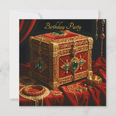 誕生日ヴィンテージ金ゴールドレッドブルージュエルボックス 招待状 (正面)