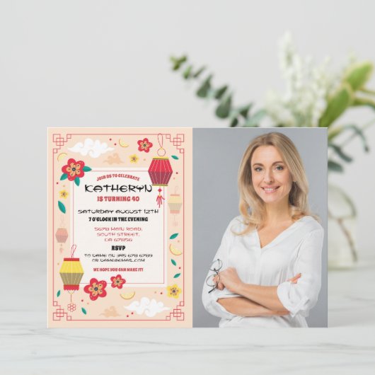 誕生日中国のパーティーレストラン写真を撮遠くにる 招待状 (スタンド正面)