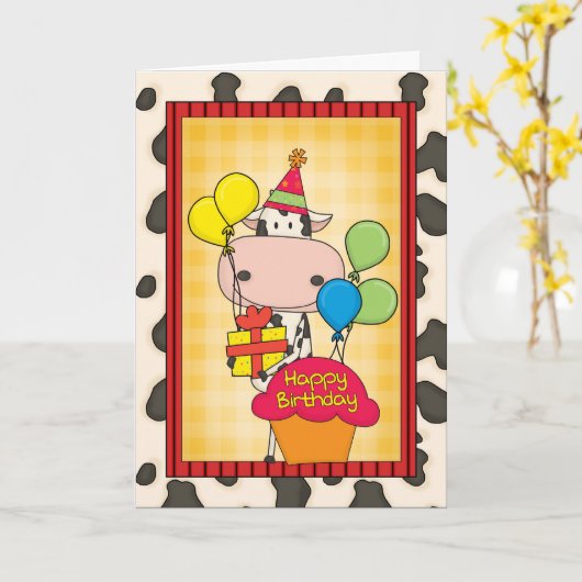 誕生日乳牛 カード (黄色い花)