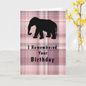 誕生日付きエレファント&ピンクプレイド カード (黄色い花)