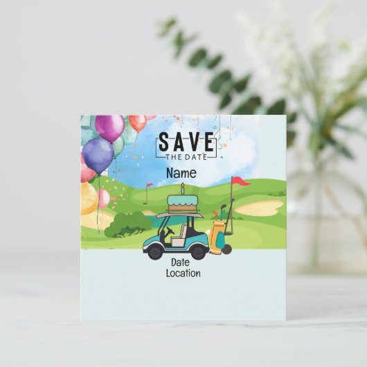 誕生日付きゴルフカートゴルファーの日付を保存 招待状 (スタンド正面)