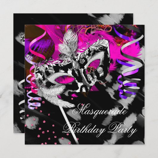 誕生日仮装パーティーブラックシルバーピンク 招待状 (正面/裏面)