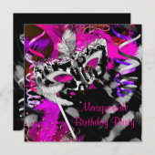 誕生日仮装パーティーボールブラックシルバーピンク 招待状 (正面/裏面)