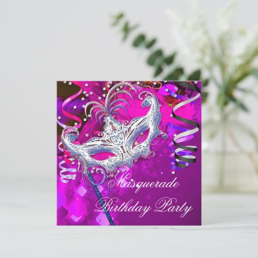 誕生日仮装パーティーマスクシルバーピンク 招待状 (スタンド正面)