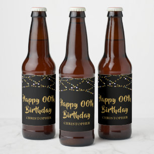 誕生日任意の年の黒い金ゴールド文字列ライト名 ビールラベル