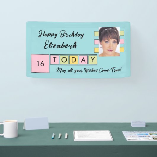 誕生日任意の年齢の追加フォト名ターコイズパーティー 横断幕 (トレードショー)
