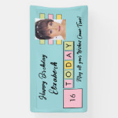 誕生日任意の年齢の追加フォト名ターコイズパーティー 横断幕 (縦)