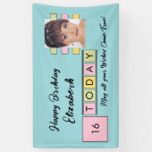 誕生日任意の年齢の追加フォト名ターコイズパーティー 横断幕 (縦)