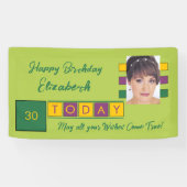 誕生日任意の年齢を追加する写真名グリーンパーティー 横断幕 (横)