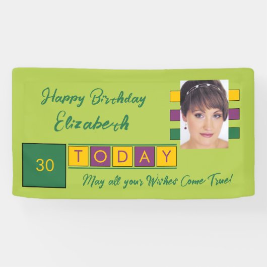 誕生日任意の年齢を追加する写真名グリーンパーティー 横断幕 (横)