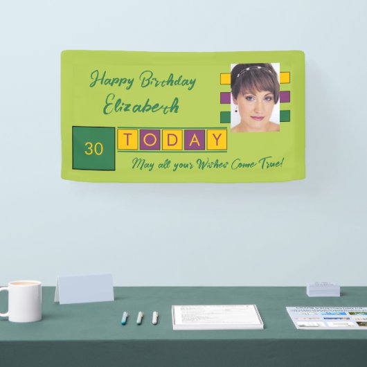 誕生日任意の年齢を追加する写真名グリーンパーティー 横断幕 (トレードショー)