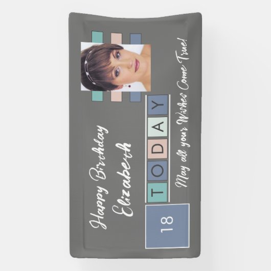 誕生日任意の年齢を追加する写真名グレーピンク 横断幕 (縦)