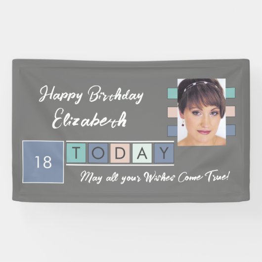 誕生日任意の年齢を追加する写真名グレーピンク 横断幕 (横)