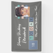 誕生日任意の年齢を追加する写真名グレーピンク 横断幕 (縦)