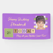 誕生日任意の年齢を追加する写真名パープルパーティー 横断幕 (横)