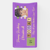 誕生日任意の年齢を追加する写真名パープルパーティー 横断幕 (縦)