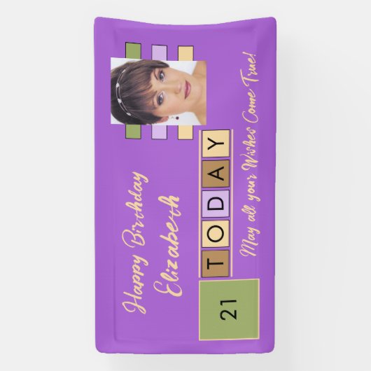 誕生日任意の年齢を追加する写真名パープルパーティー 横断幕 (縦)