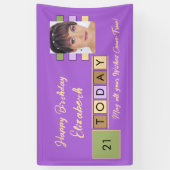 誕生日任意の年齢を追加する写真名パープルパーティー 横断幕 (縦)