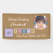 誕生日任意の年齢を追加する写真名ブラウンパーティーバナー 横断幕 (横)