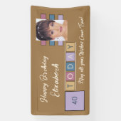 誕生日任意の年齢を追加する写真名ブラウンパーティーバナー 横断幕 (縦)