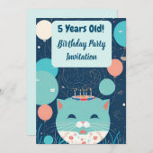 誕生日会の招待状5歳ネコターコイズ 案内状 (正面/裏面)