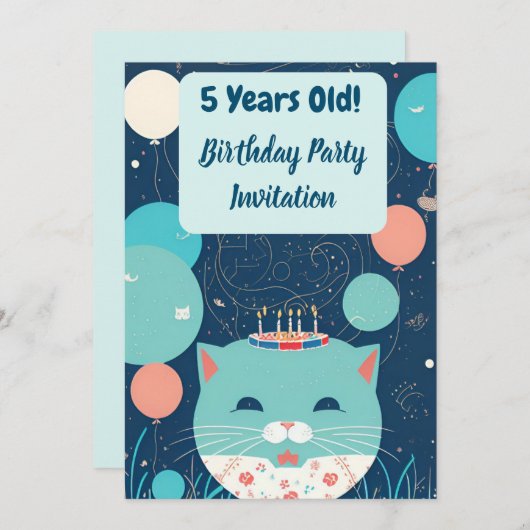 誕生日会の招待状5歳ネコターコイズ 案内状 (正面/裏面)
