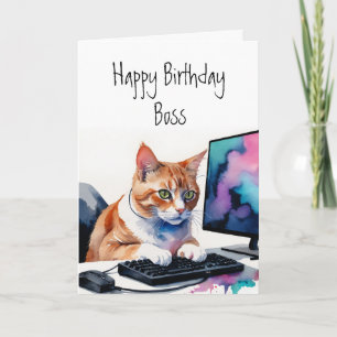 誕生日全員のグループ、猫ボスコンピューターケーキ カード