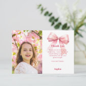 誕生日写真の女の子ピンクのリボン サンキューカード (スタンド正面)