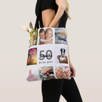 誕生日写真コラージュ女性ホワイト トートバッグ