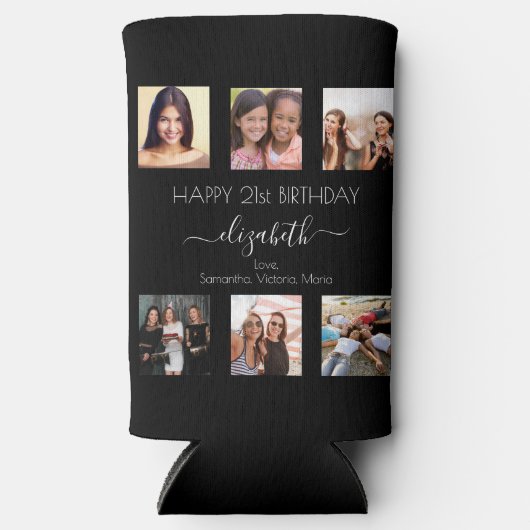 誕生日写真コラージュ白黒最高の友だち スリム缶クーラー (正面)