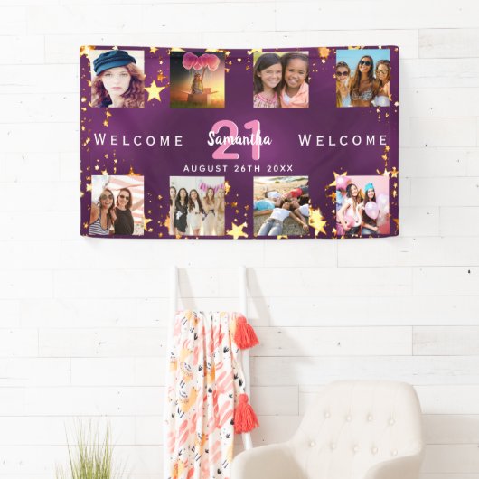 誕生日写真コラージュ紫金ゴールドモノグラム 横断幕 (インサイチュ)