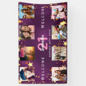 誕生日写真コラージュ紫金ゴールドモノグラム 横断幕 (縦)