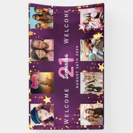 誕生日写真コラージュ紫金ゴールドモノグラム 横断幕 (縦)
