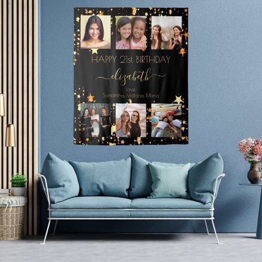 誕生日写真コラージュ ブラック ゴールド ベストフレンド タペストリー