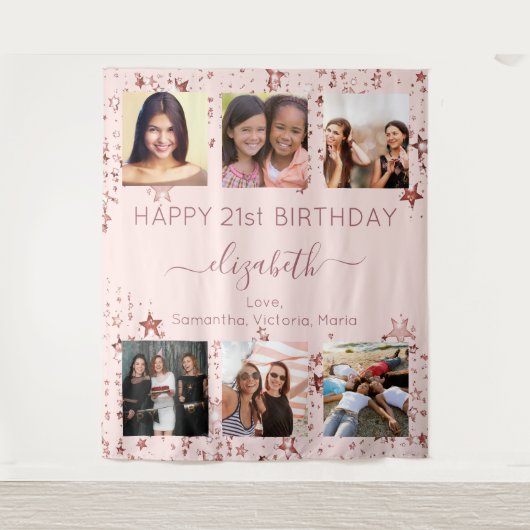 誕生日写真コラージュ ローズゴールド ベストフレンド タペストリー (正面)
