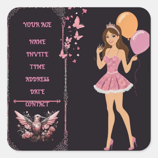 誕生日写真テンプレートを完全にパーソナライズできる スクエアシール (正面)