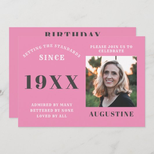 誕生日写真テンプレートエレガントシックピンクグレー 招待状 (正面/裏面)