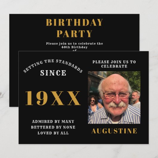 誕生日写真テンプレートシエレガントックブラック金ゴールド 招待状 (正面/裏面)