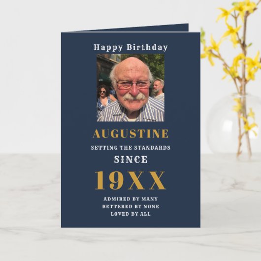 誕生日写真テンプレートシエレガントックブルー金ゴールド カード (黄色い花)