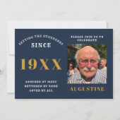 誕生日写真テンプレートシエレガントックブルー金ゴールド 招待状 (正面)