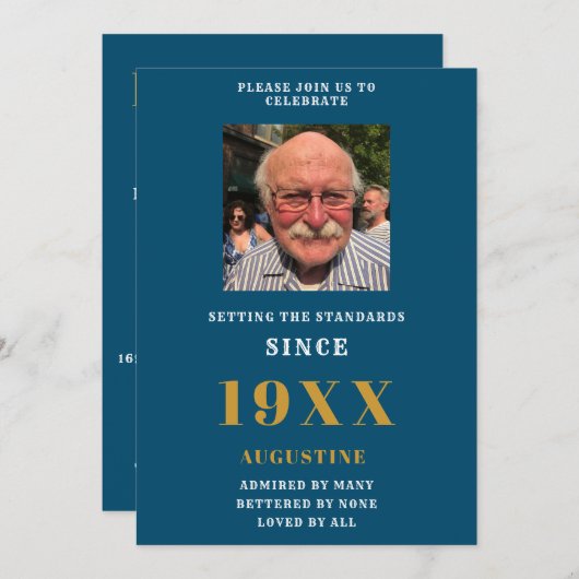 誕生日写真テンプレート名エレガント青金ゴールド 招待状 (正面/裏面)