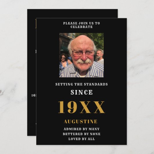誕生日写真テンプレート名エレガント黒金ゴールド 招待状 (正面/裏面)