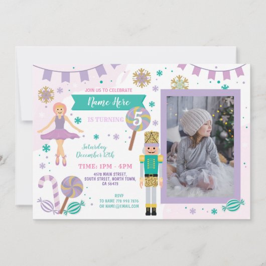 誕生日写真ナツクラッカーピンクのクリスマスバレエ 招待状 (正面)