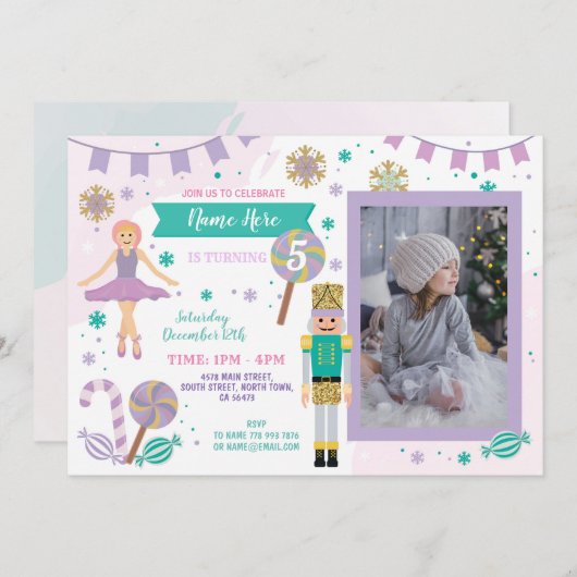 誕生日写真ナツクラッカーピンクのクリスマスバレエ 招待状 (正面/裏面)